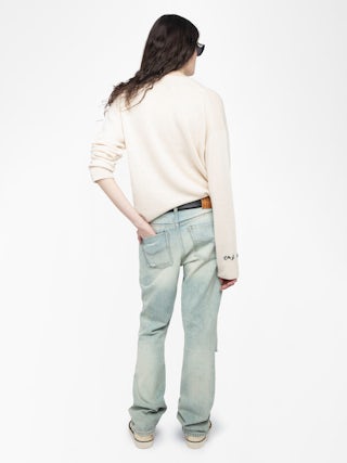 Jumper Mikyz 100% Cashmere - Long-sleeved v-neck jumper with Rock n Roll embroidery on the neckline.