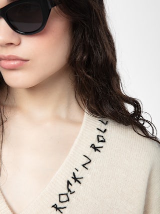 Jumper Mikyz 100% Cashmere - Long-sleeved v-neck jumper with Rock n Roll embroidery on the neckline.