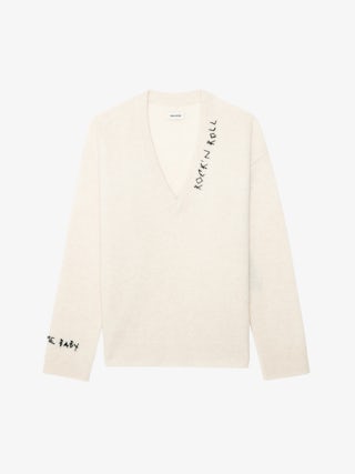 Jumper Mikyz 100% Cashmere - Long-sleeved v-neck jumper with Rock n Roll embroidery on the neckline.