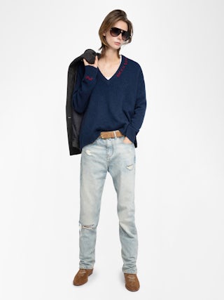 Mikyz Cashmere Sweater - V-neck sweater with long sleeves featuring rock n roll embroidery on the neckline.