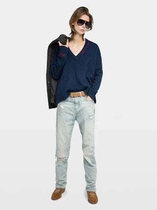 Jumper Mikyz 100% Cashmere - V-neck jumper with long sleeves and Rock n Roll embroidery at the neckline and right sleeve.