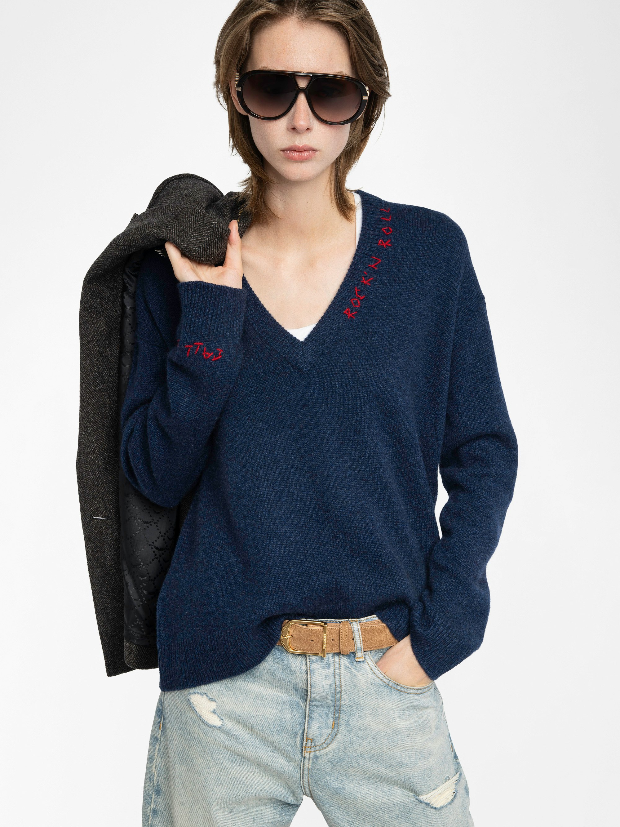 Mikyz Cashmere Sweater - V-neck sweater with long sleeves featuring rock n roll embroidery on the neckline.