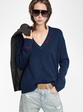 Mikyz Cashmere Sweater - V-neck sweater with long sleeves featuring rock n roll embroidery on the neckline.