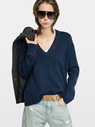 Jumper Mikyz 100% Cashmere - V-neck jumper with long sleeves and Rock n Roll embroidery at the neckline and right sleeve.