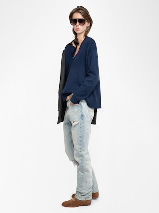 Mikyz Cashmere Sweater - V-neck sweater with long sleeves featuring rock n roll embroidery on the neckline.