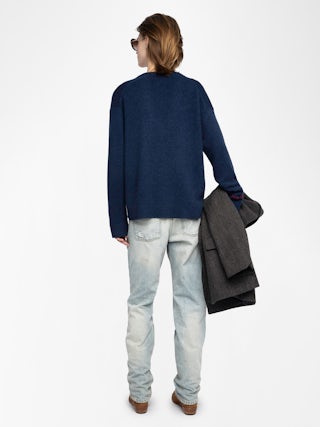 Mikyz Cashmere Sweater - V-neck sweater with long sleeves featuring rock n roll embroidery on the neckline.