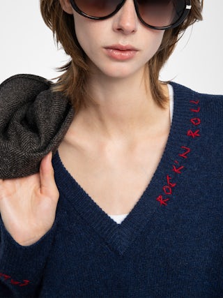 Mikyz Cashmere Sweater - V-neck sweater with long sleeves featuring rock n roll embroidery on the neckline.