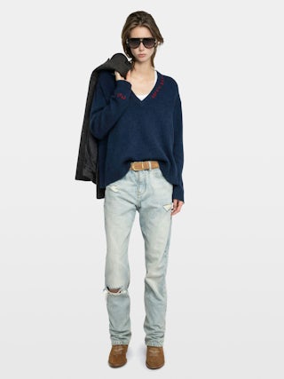 Mikyz Cashmere Sweater - V-neck sweater with long sleeves featuring rock n roll embroidery on the neckline.