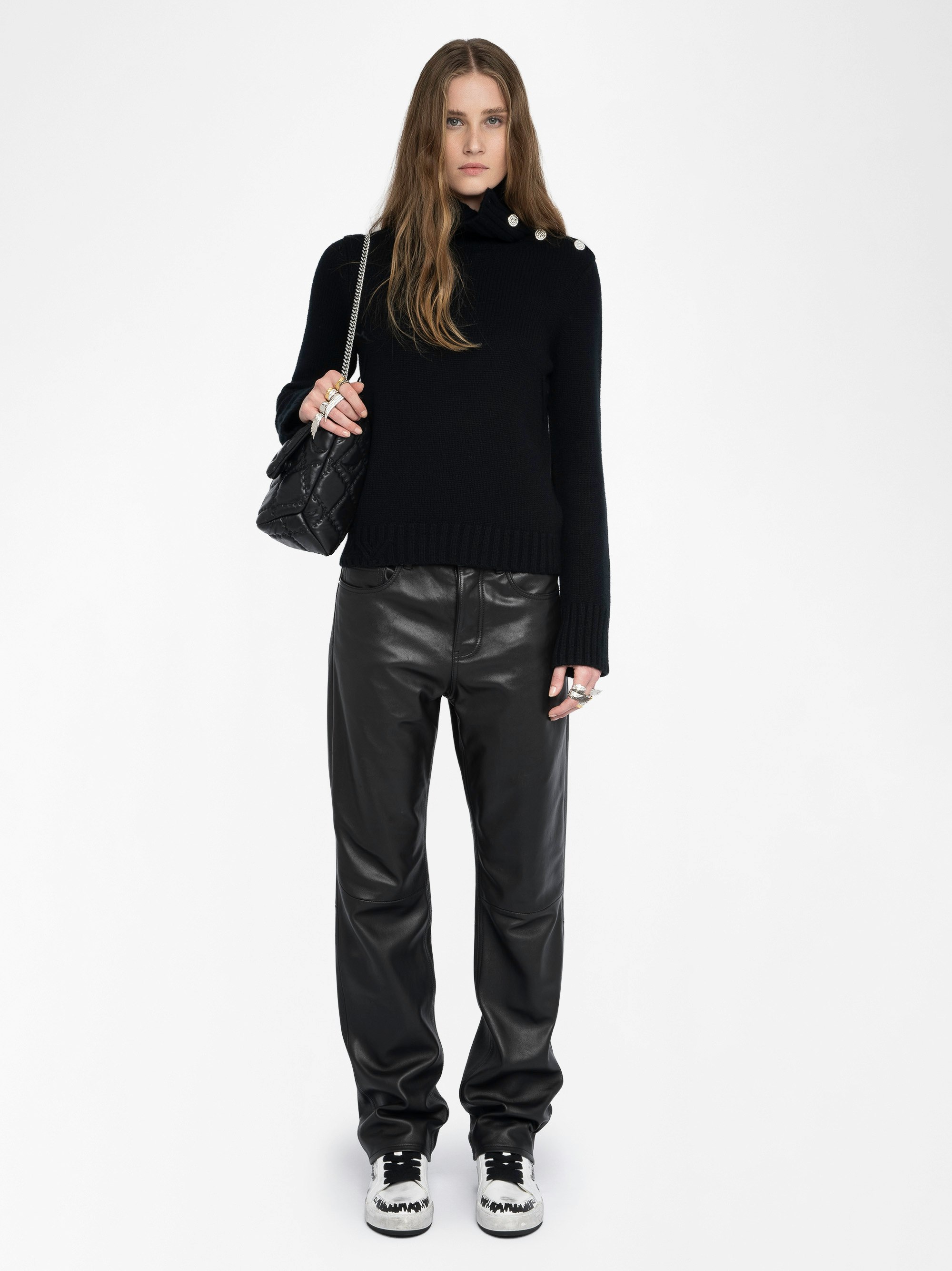 Nalma 100% Cashmere Jumper - Jumper with roll neck and jewel button.