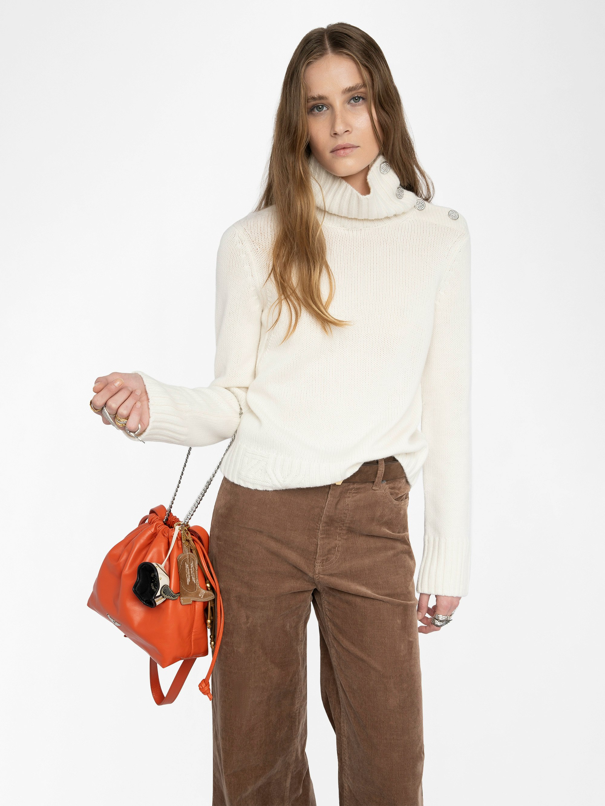 Nalma Cashmere Sweater - Sweater with roll neck and jewel button.