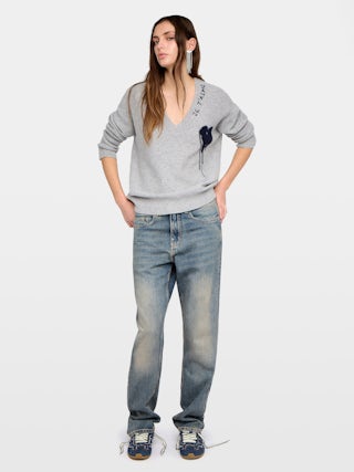 Mikyz Cashmere Sweater - V-neck sweater with embroidery and intarsia.