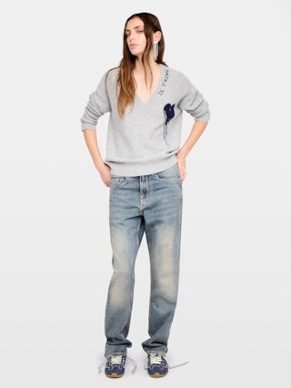 Maglione Mikyz 100% Cashmere - Maglione scollo a V con ricamo e intarsio.