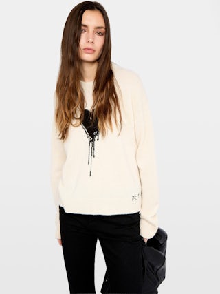Markuz Cashmere Sweater - Round neck sweater with long sleeves featuring rhinestone heart customization on front.