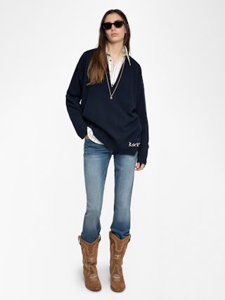 Pull Swyny - Pull oversize col V avec broderie main au bas de corps.