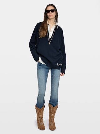 Maglione Swyny - Maglia oversize con scollo a V e ricamo a mano sul fondo.