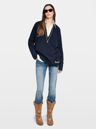 Swyny Jumper - Oversized V-neck jumper with hand embroidery at hem.