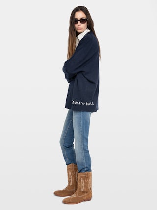 Swyny Jumper - Oversized V-neck jumper with hand embroidery at hem.