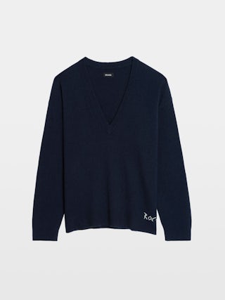 Maglione Swyny - Maglia oversize con scollo a V e ricamo a mano sul fondo.