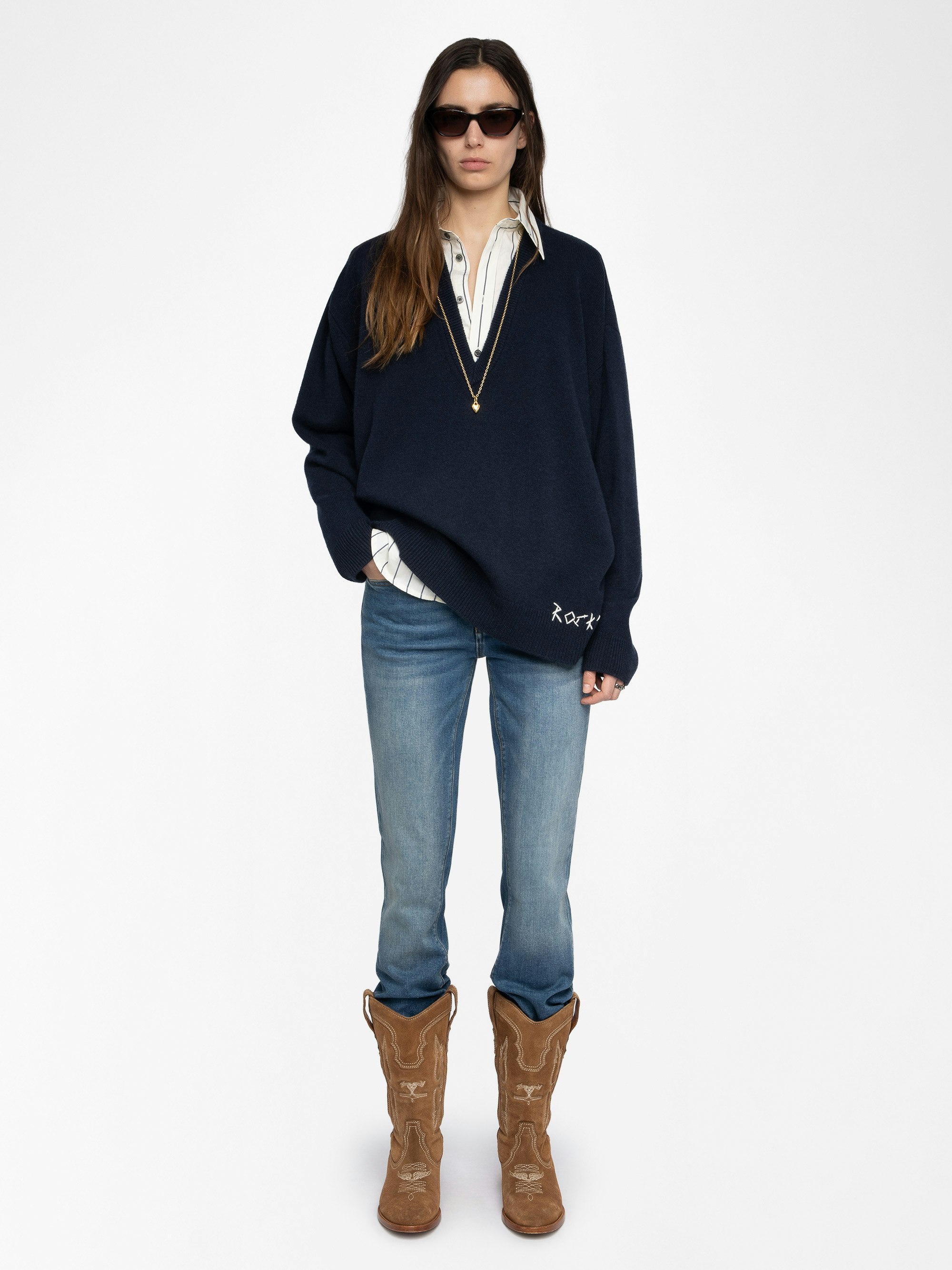 Swyny Jumper - Oversized V-neck jumper with hand embroidery at hem.