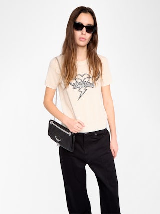 Idal Jumper 100% Cashmere - Short-sleeved jumper with round neckline featuring intarsia and rhinestones.