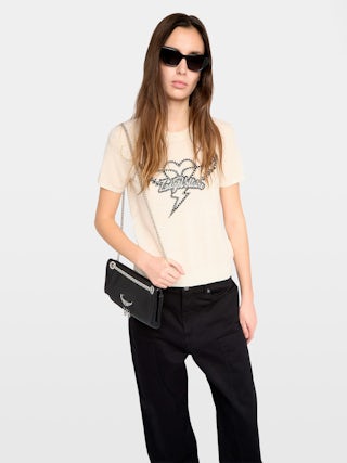 Idal Jumper 100% Cashmere - Short-sleeved jumper with round neckline featuring intarsia and rhinestones.