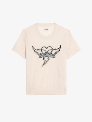 Idal Jumper 100% Cashmere - Short-sleeved jumper with round neckline featuring intarsia and rhinestones.