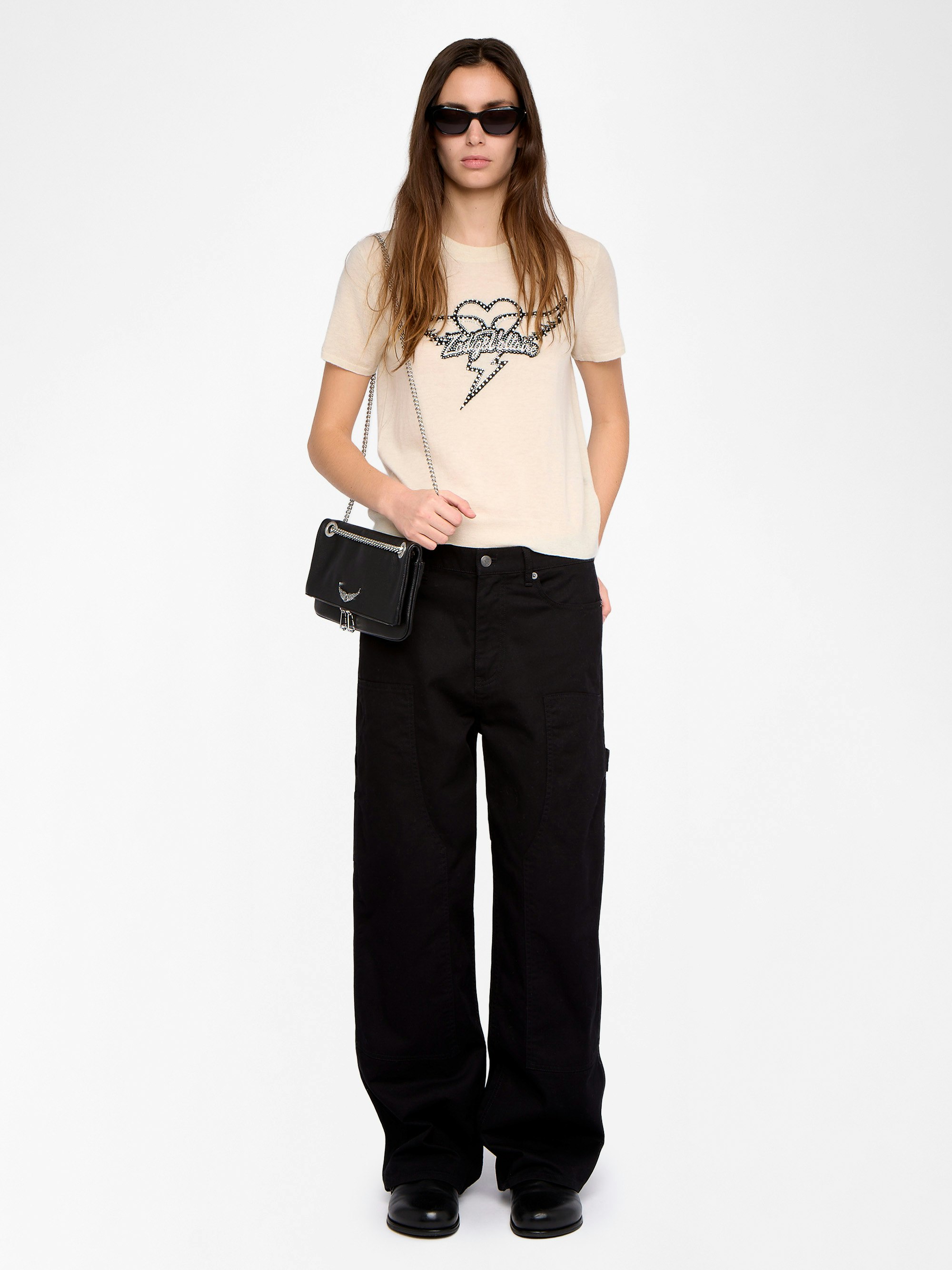 Idal Jumper 100% Cashmere - Short-sleeved jumper with round neckline featuring intarsia and rhinestones.