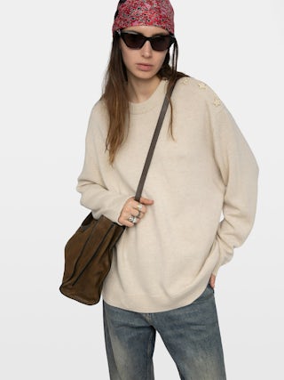 Swyna Sweater - Oversized round neck sweater with jeweled buttons.