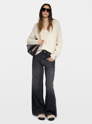 Mikyz Cashmere Sweater - V-neck sweater with rhinestone wing detail on the back.