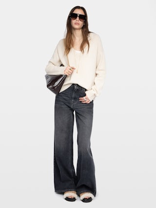 Mikyz Cashmere Sweater - V-neck sweater with rhinestone wing detail on the back.