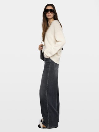 Mikyz Cashmere Sweater - V-neck sweater with rhinestone wing detail on the back.