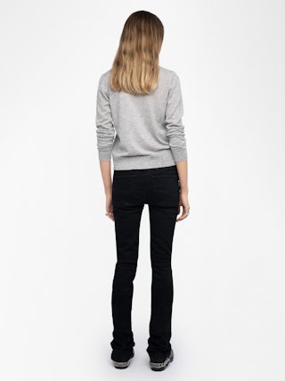 Pull Miss 100% Cachemire - Pull à col rond avec intarsia et strass Rock&Roll sur l'avant.