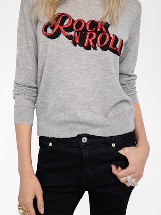 Pull Miss 100% Cachemire - Pull à col rond avec intarsia et strass Rock&Roll sur l'avant.