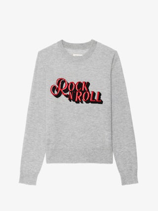 Pull Miss 100% Cachemire - Pull à col rond avec intarsia et strass Rock&Roll sur l'avant.