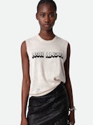 Nida Mon Amour Top - Light pink linen sleeveless top with intarsia jacquard “Mon Amour” slogan.