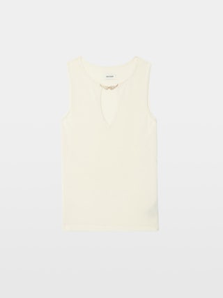 Sayani White Sleeveless Knit Top with Brooch - Knit top with wing closure.