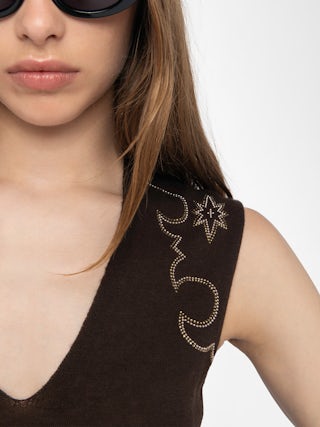 Vicky 100% Cashmere Jumper - Sleeveless V-neck jumper with rhinestones.
