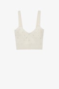 Top Bettina - Top corto in maglia ecru, impreziosito da strass, Donna