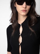 Lyam Top - Black merino wool cropped top with shirt collar, short sleeves, diamanté jewel buttons and wings on the back.