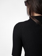 Lyam Top - Black merino wool cropped top with shirt collar, short sleeves, diamanté jewel buttons and wings on the back.