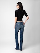 Lyam Top - Black merino wool cropped top with shirt collar, short sleeves, diamanté jewel buttons and wings on the back.