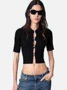 Lyam Top - Black merino wool cropped top with shirt collar, short sleeves, diamanté jewel buttons and wings on the back.