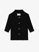 Lyam Top - Black merino wool cropped top with shirt collar, short sleeves, diamanté jewel buttons and wings on the back.