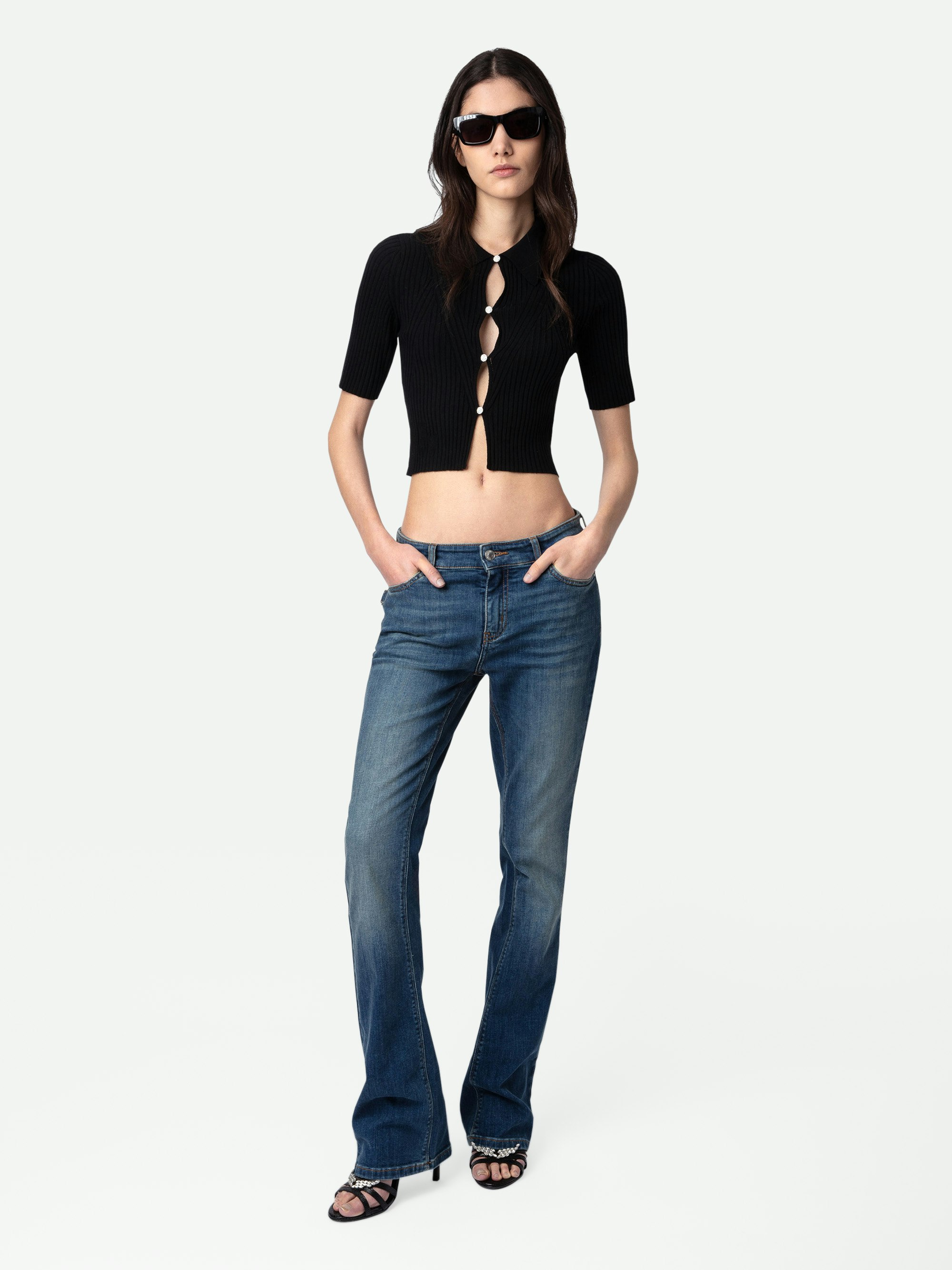 Lyam Top - Black merino wool cropped top with shirt collar, short sleeves, diamanté jewel buttons and wings on the back.