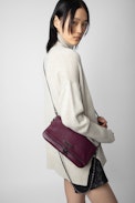 Rock Clutch - Women’s burgundy grained leather clutch with double leather and metal chain strap.