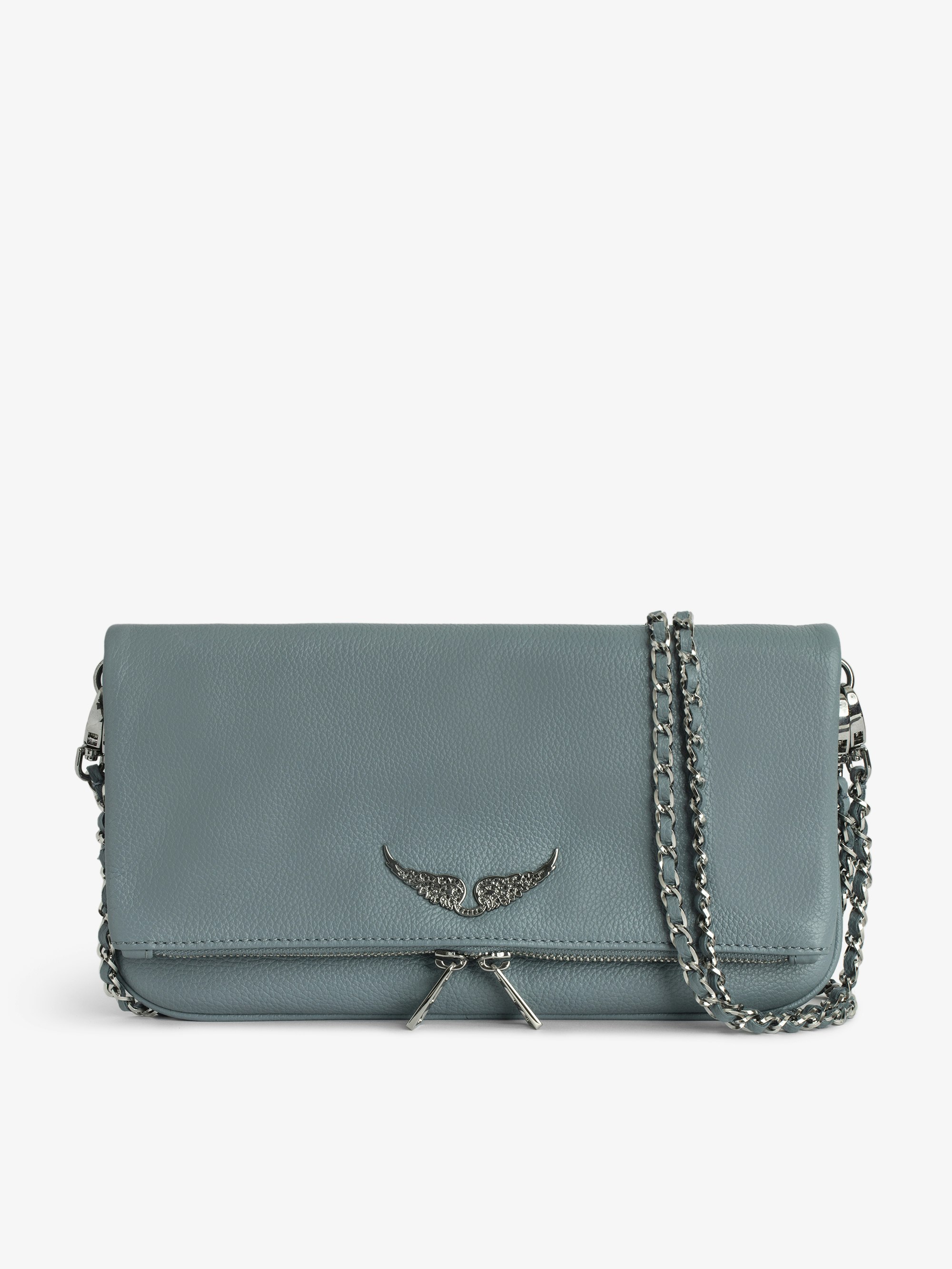 Rock Clutch - Light blue grained leather clutch with double leather and metal chain and signature wings adorned with rhinestones.