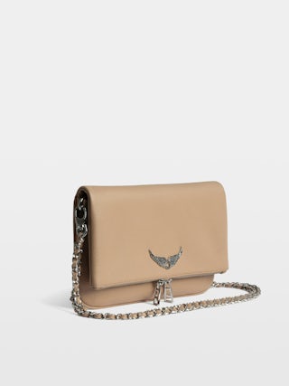 Rock Clutch - Grained leather clutch with double leather and metal chains and wings adorned with rhinestones.