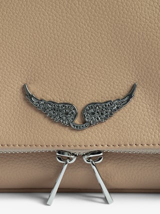 Rock Clutch - Grained leather clutch with double leather and metal chains and wings adorned with rhinestones.