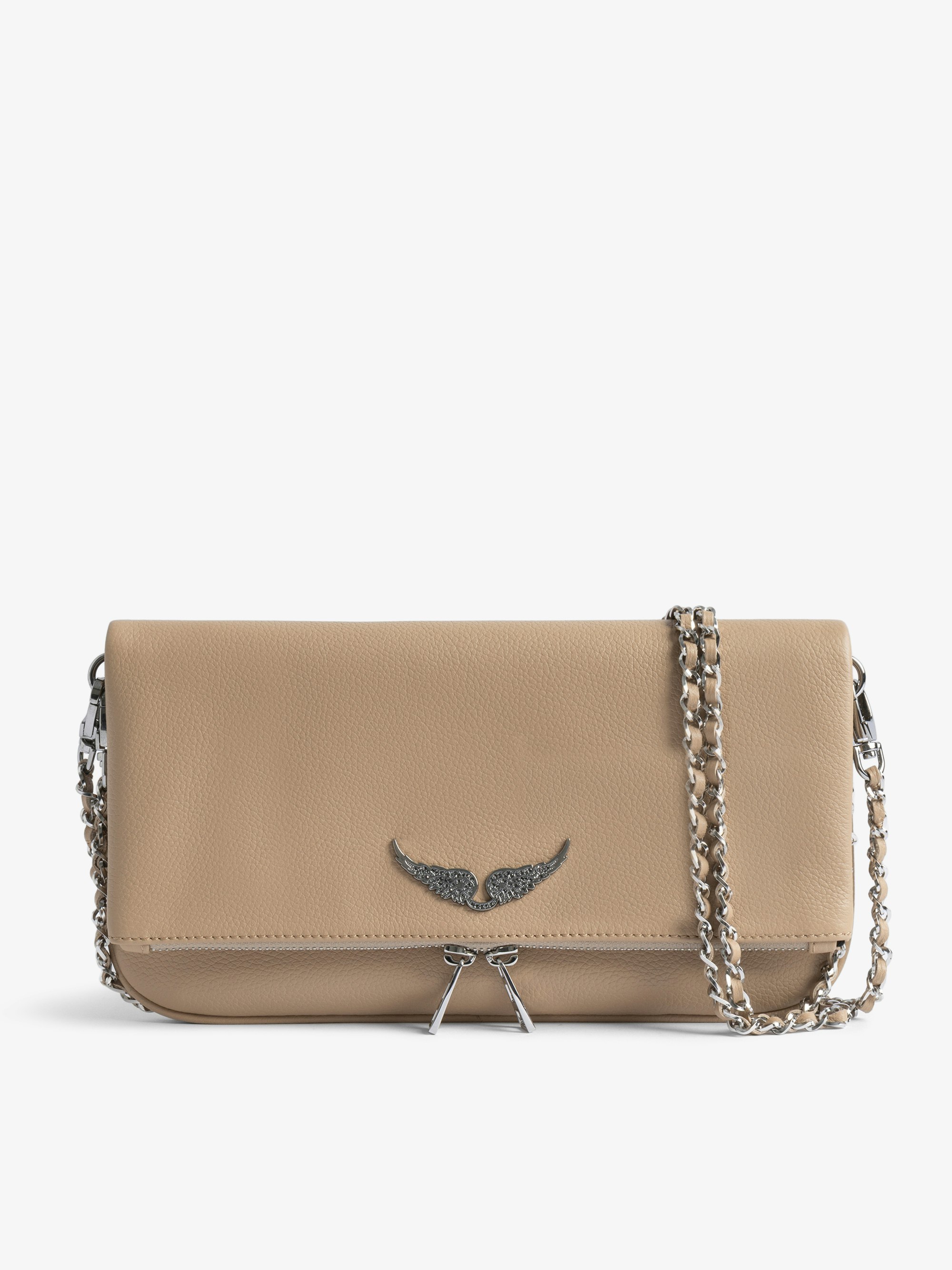 Rock Clutch - Grained leather clutch with double leather and metal chains and wings adorned with rhinestones.
