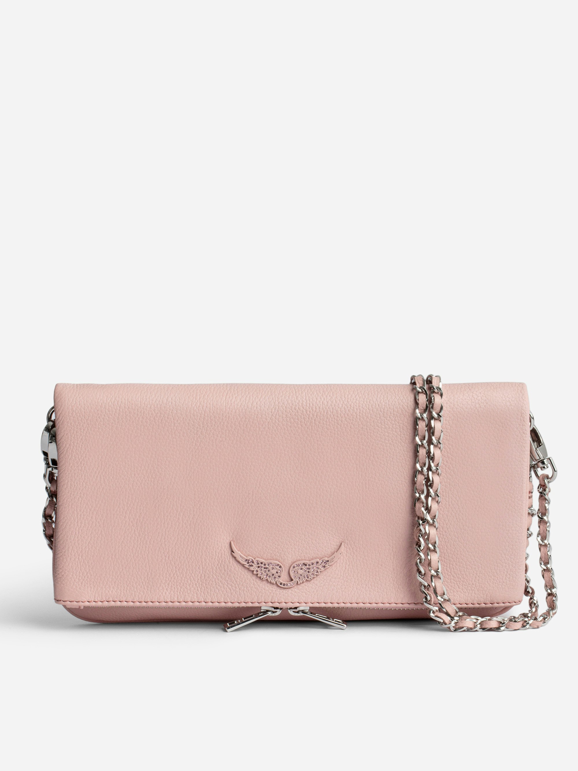 Rock Clutch - Women’s light pink grained leather clutch bag with double leather and metal chain strap.